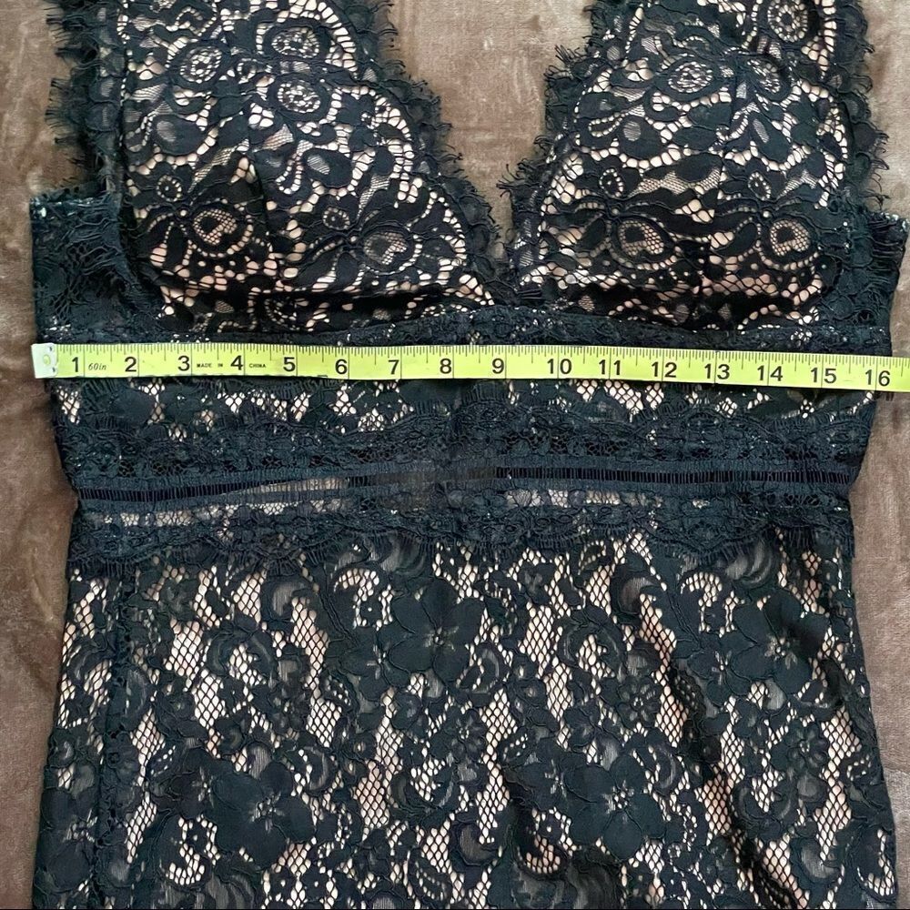 Just Me Sleeveless Plunging Neckline Mini Dress Black Lace Over Nude Size Small - Picture 11 of 14